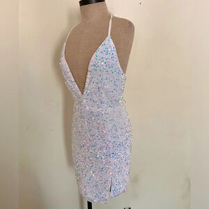 Ivory Short Fitted sexy sequined lace up back mini dress formal cocktail Prom